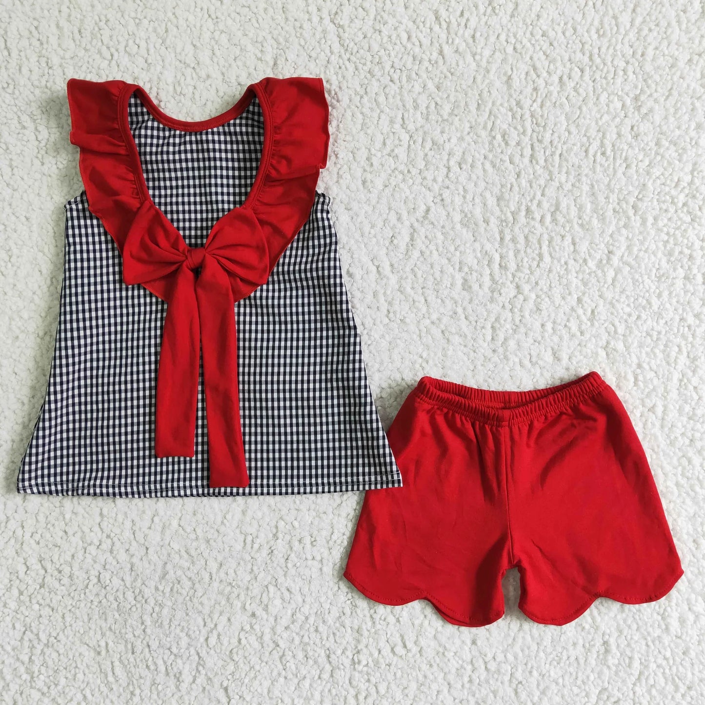 Girls 4th of July Plaid Backless Red Scallop Mouse Short Set