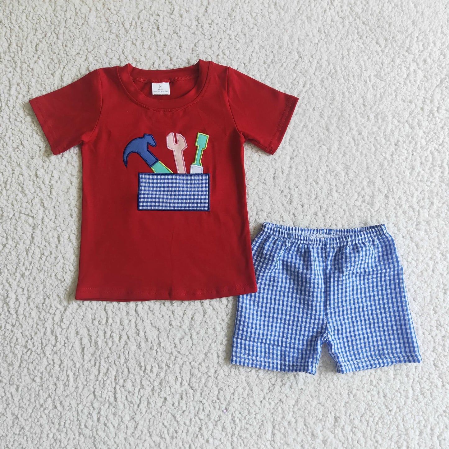 Tool Embroidery Red Top Blue Shorts Boys Summer Short Set