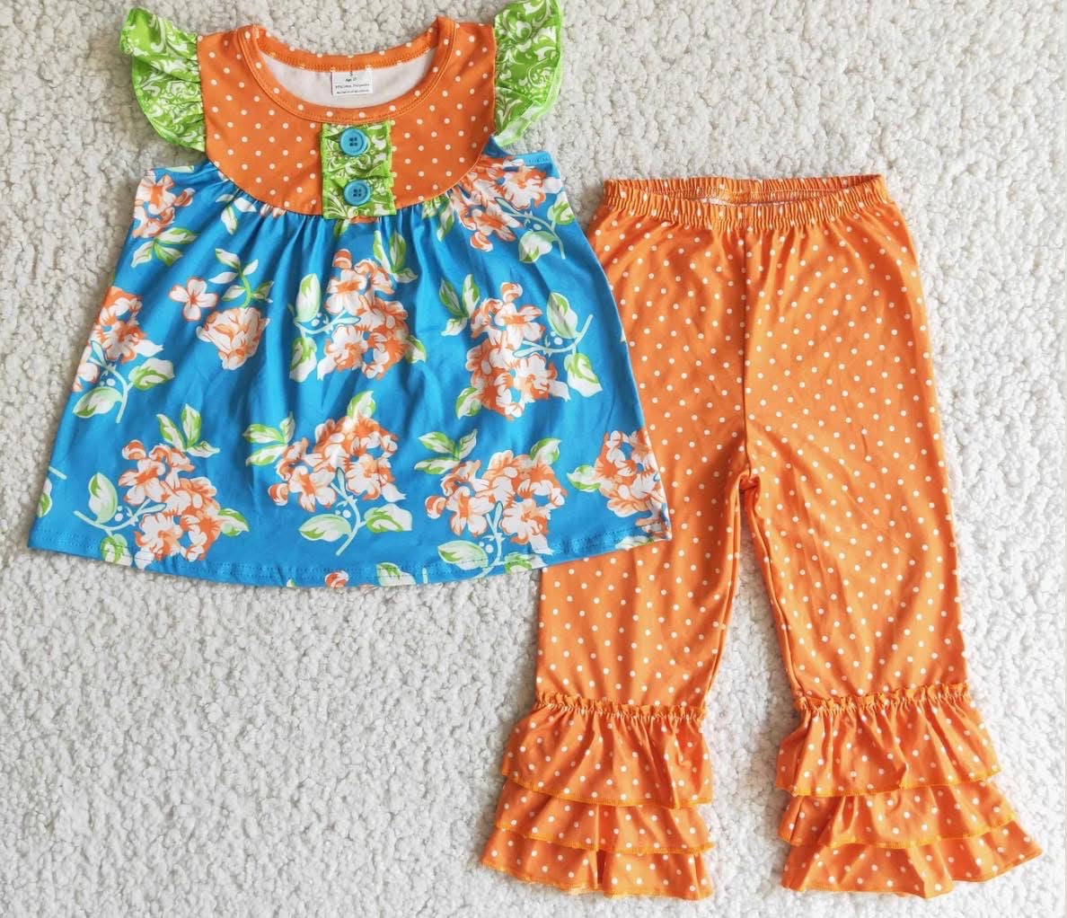 Girls Floral Top with Ruffled Bottom Pants