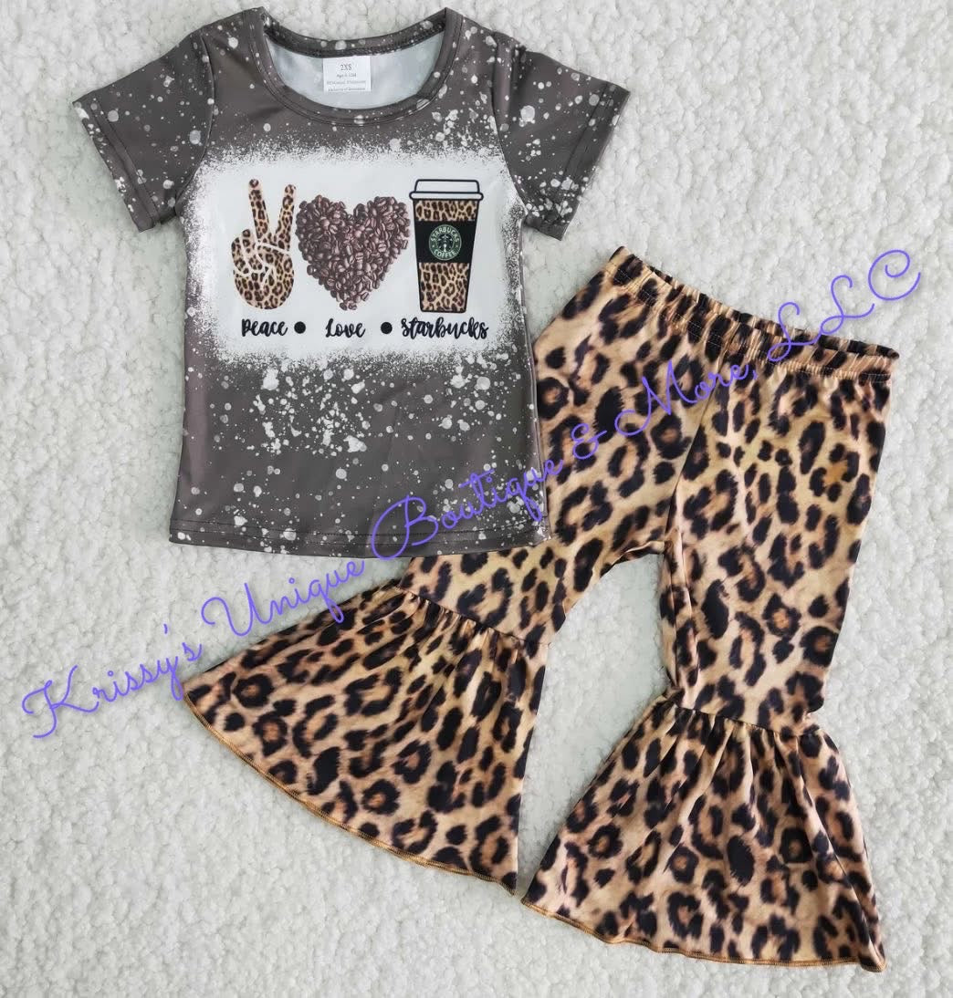 Girls Peace, Love, Starbucks with leopard flare pants outfit