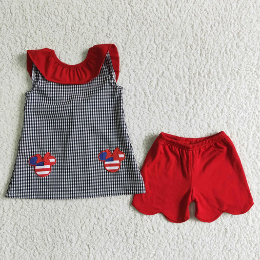 Girls 4th of July Plaid Backless Red Scallop Mouse Short Set