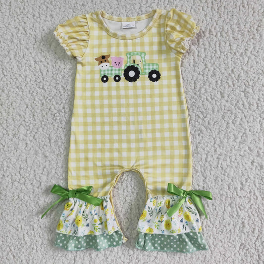 Tractor Yellow Plaid Print Ruffled Romper