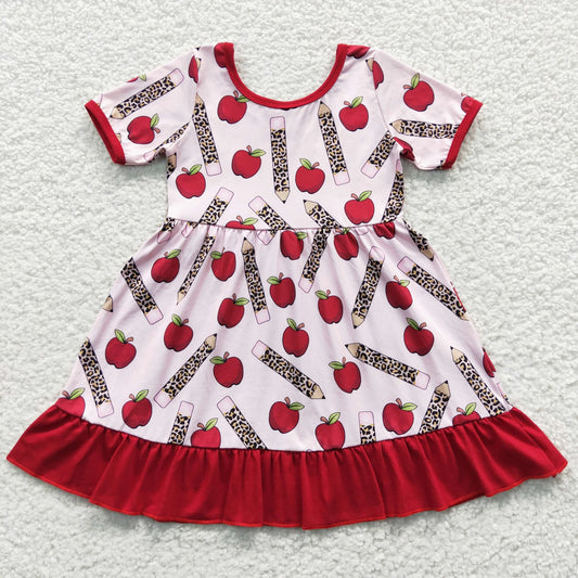 Girls Back to School Twirl Dress w/leopard pencils & red apples