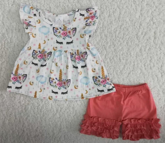 Girls Unicorn top with ruffled shorts