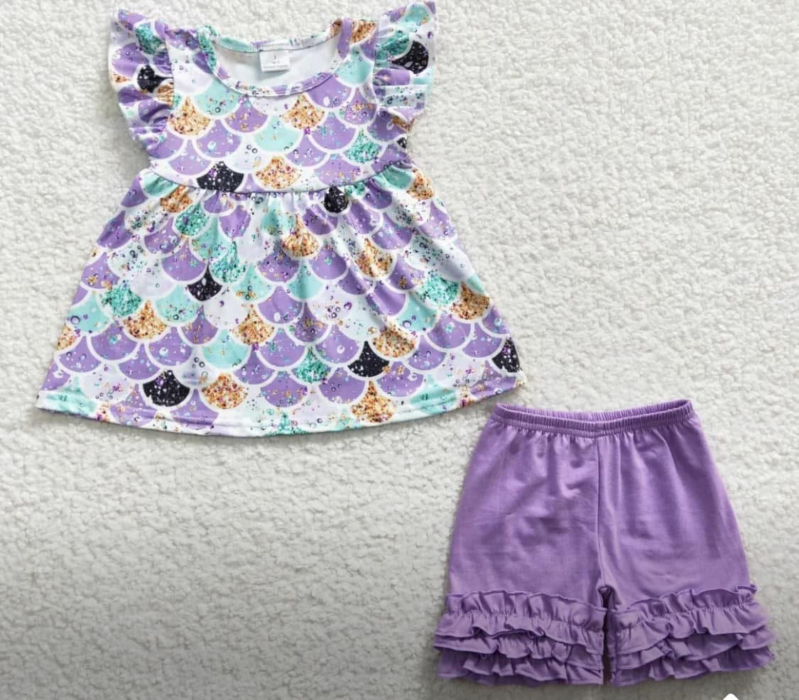 Purple Mermaid Twirl Top with ruffled short set