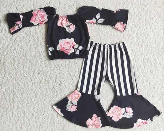 Floral Long Sleeve Flare Pants Outfit