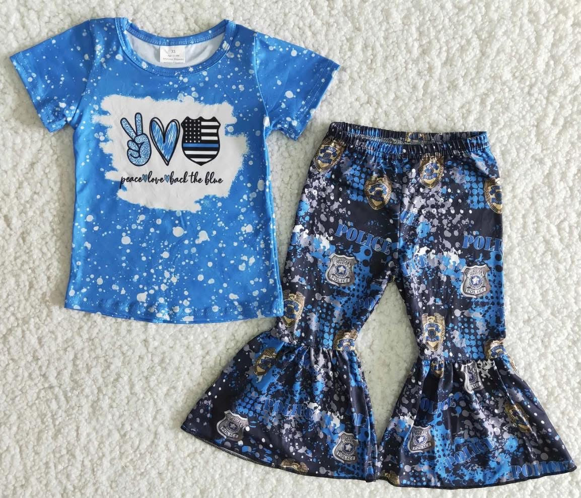 Girls Peace, Love, Back the Blue top with flare bottoms