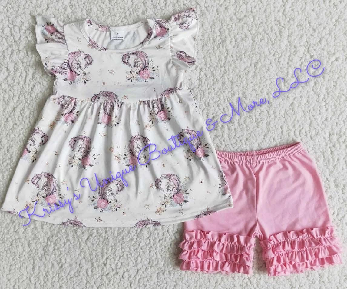 Girls Unicorn Ruffled Short Set