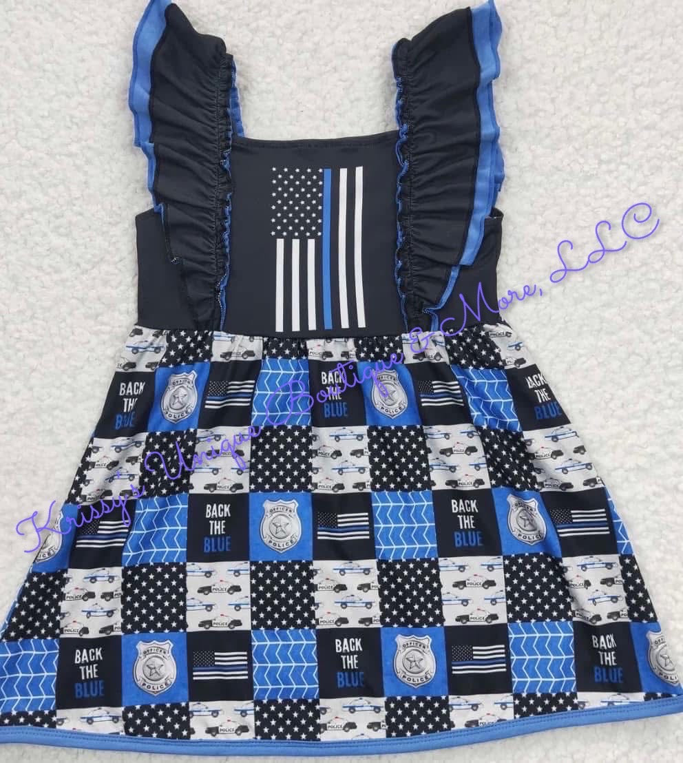 Back the blue girls ruffled shoulder twirl dress