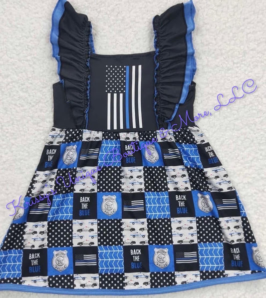 Back the blue girls ruffled shoulder twirl dress