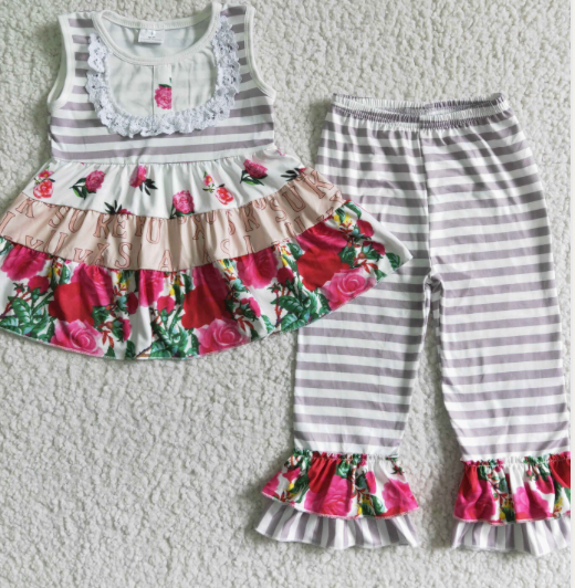 Girls Striped Floral Flare Pants Outfit