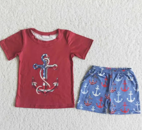 Anchor Red Top Blue Shorts Boys 4th of July Short Set